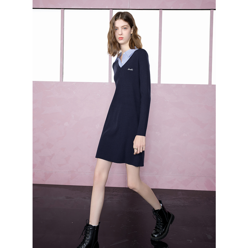 ibudu2025春季新款学院风假两件针织连衣裙字母绣花短裙女 - 图1