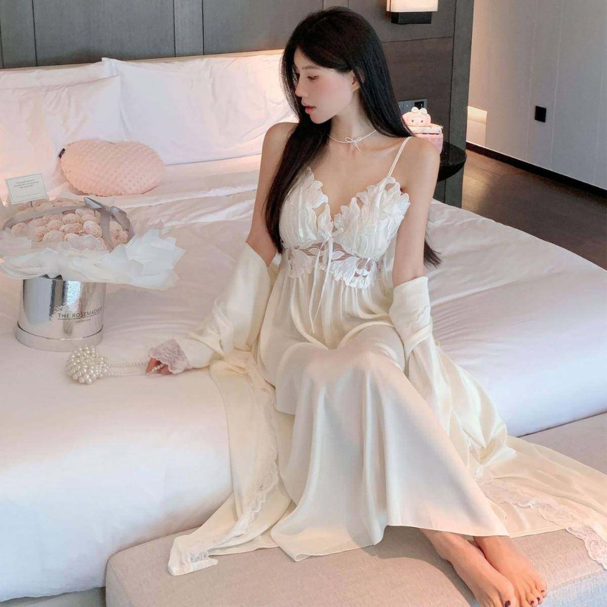 法式浪漫吊带睡裙超长女带胸垫宫廷风睡袍丝质两件套高级感睡衣,淘宝优惠券,粉丝福利购,淘宝优惠卷