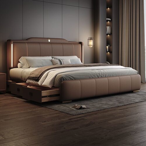 意式轻奢新款带灯真皮床现代简约高端大气主卧1.8米双人床储物床 - 图3