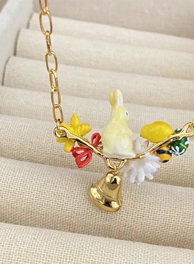 法国珐琅小众复活节兔子水仙花慈善小黄鸡蝴蝶结铃铛项链