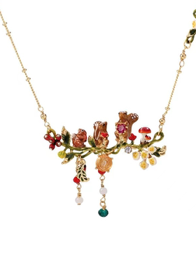 法国珐琅小众爱护动物可爱小松鼠蘑菇项链