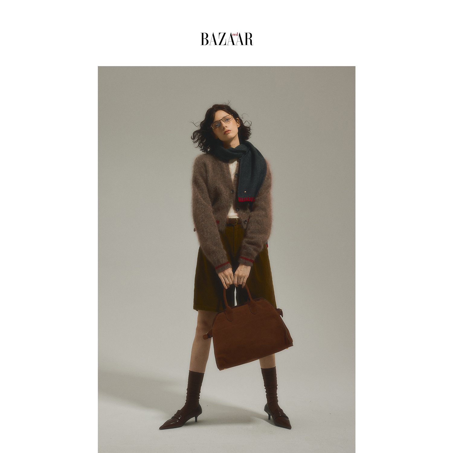 BAZAAR RED时尚芭莎红 马海毛撞色针织开衫女春秋季复古时尚毛衣