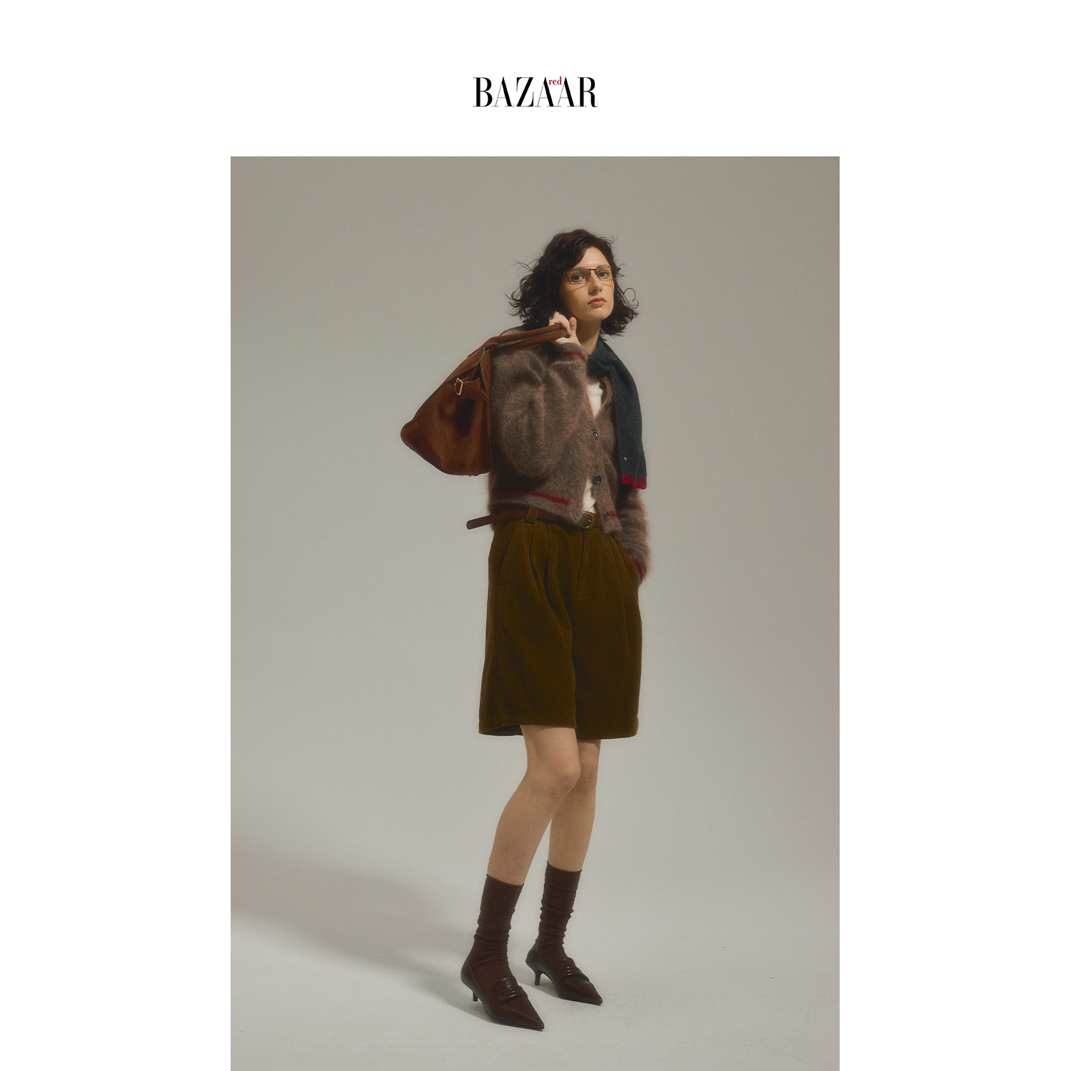 BAZAAR RED时尚芭莎红 马海毛撞色针织开衫女春秋季复古时尚毛衣