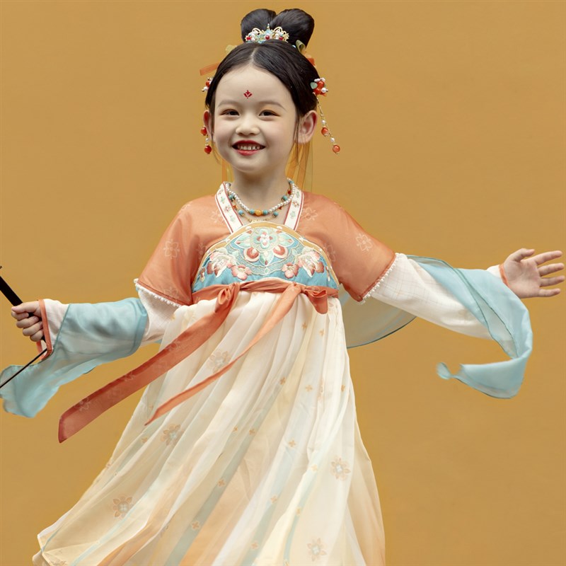 落霞汉服女童秋装2023齐胸披帛连衣裙中M秋节古装儿童襦裙唐装 - 图1