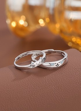 猫狗之恋情侣对戒男女一对纯银开口可调节刻字夜光戒指情人节礼物