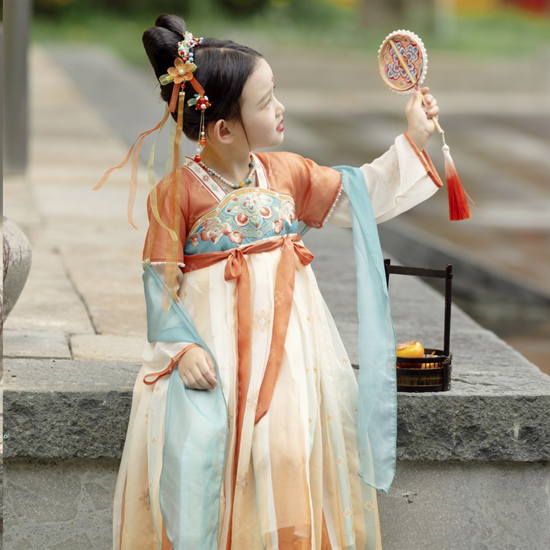 落霞汉服女童秋装2023齐胸披帛连衣裙中M秋节古装儿童襦裙唐装 - 图3