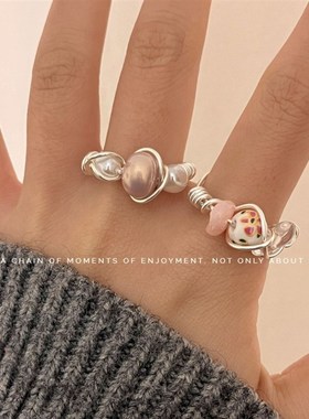 法式时尚质感天然原石串珠戒指个性缠绕水晶虎眼石开口百搭指环女