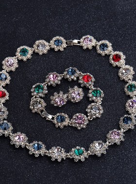 水晶项链女短款水晶满钻超闪网红首饰手链耳钉套装气质装饰配饰品