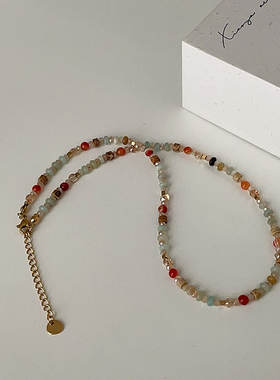 EARMOON 彩色天然石水晶串珠项链女小众设计感百搭颈链锁骨链