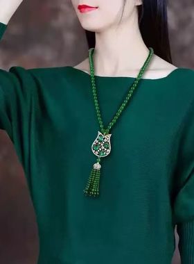 富贵绿色郁金香花朵毛衣链2025款轻奢小众高级感长款配饰潮项链