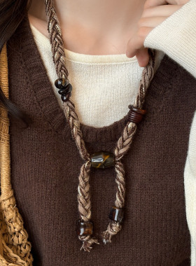美拉德撞色串珠毛线编织项链女波西米亚民族风配饰秋冬复古毛衣链
