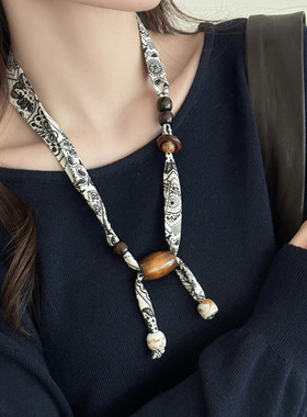 时髦腰果花木珠爱心丝巾项链女复古波西米亚挂脖长款抽拉式毛衣链