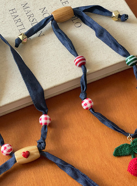 创意牛仔爱心串珠丝巾项链女新款挂脖独特设计感毛衣链复古配饰品