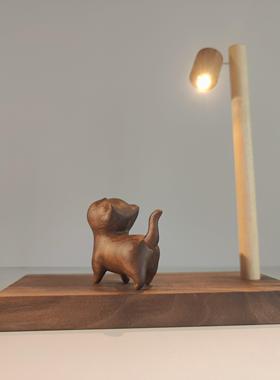 软萌治愈系 实木路灯傲娇猫木制摆件 桌面氛围柜子床头小夜灯礼物