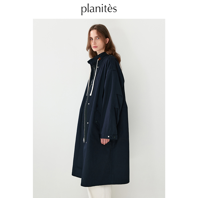 PLANITES vol.9 纯棉高密斜纹 撞色抽绳藏青工装风衣外套女