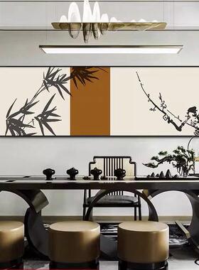 茶室横版横幅挂画民宿酒店背景墙壁画新中式油画布软装装饰画定制