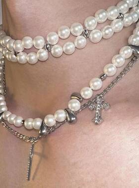 「无序的」珍珠项链重工多层 choker颈项链