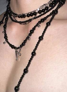 「无序的」感清冷风黑石钛钢项链重工多层choker项链