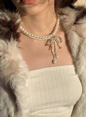 2024新款博主同款《白葡萄》白色双层蝴蝶结项链 日常小巧百搭