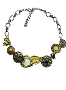 中式朋克钛钢项链复古黄铜做旧vintage钮扣锁骨链