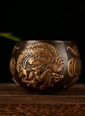 纯铜鎏金浮雕龙凤十帝杯桌面摆件古玩古董客厅玄关家居装饰 收藏