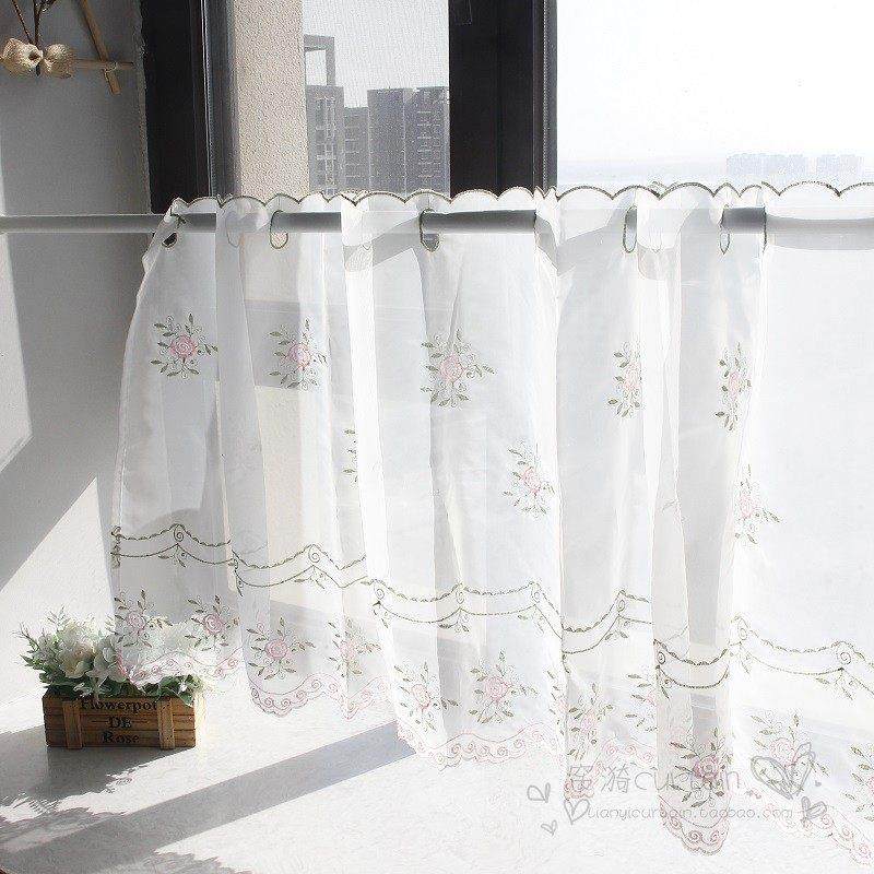 韩式成品咖啡帘半帘刺绣短帘帘头穿杆帘隔断门帘厨房小窗帘免打孔,淘宝优惠券,粉丝福利购,淘宝优惠卷