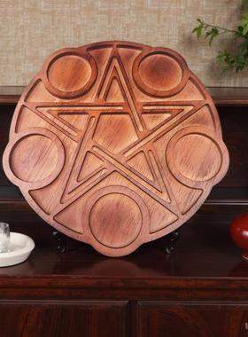 木质五芒星雕刻烛台蜡烛杯蜡 木制 水晶摆件 装饰 复古 欧式