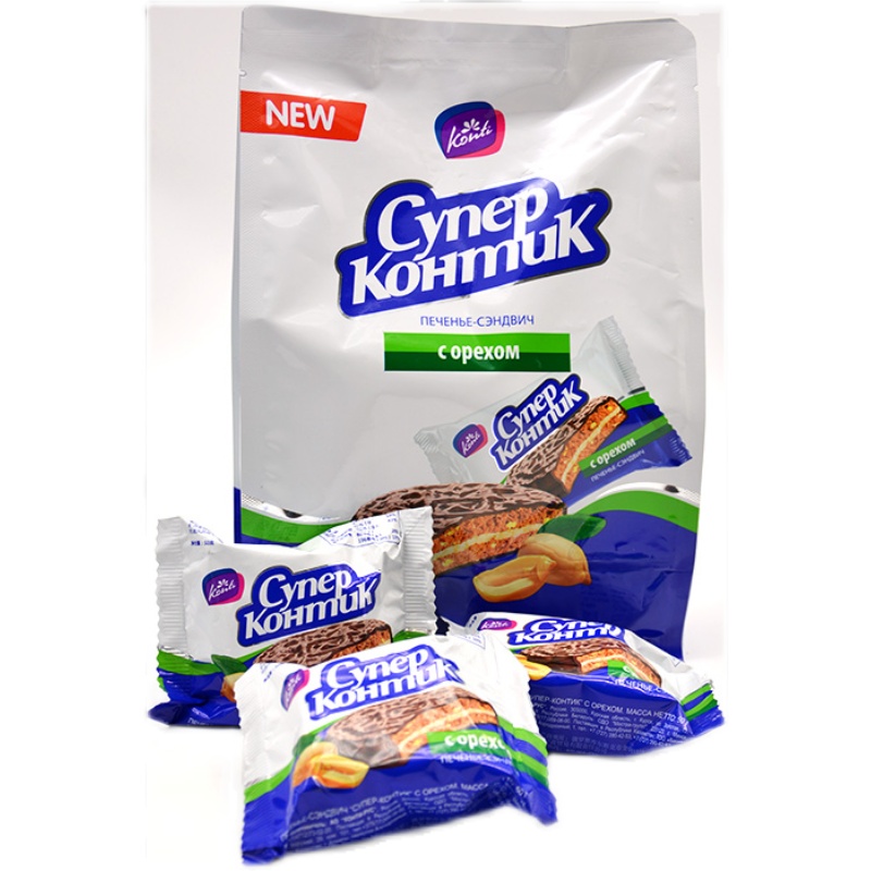 俄罗斯三明治饼干KONTI康吉炼乳花生榛子味夹心巧克力进口小零食