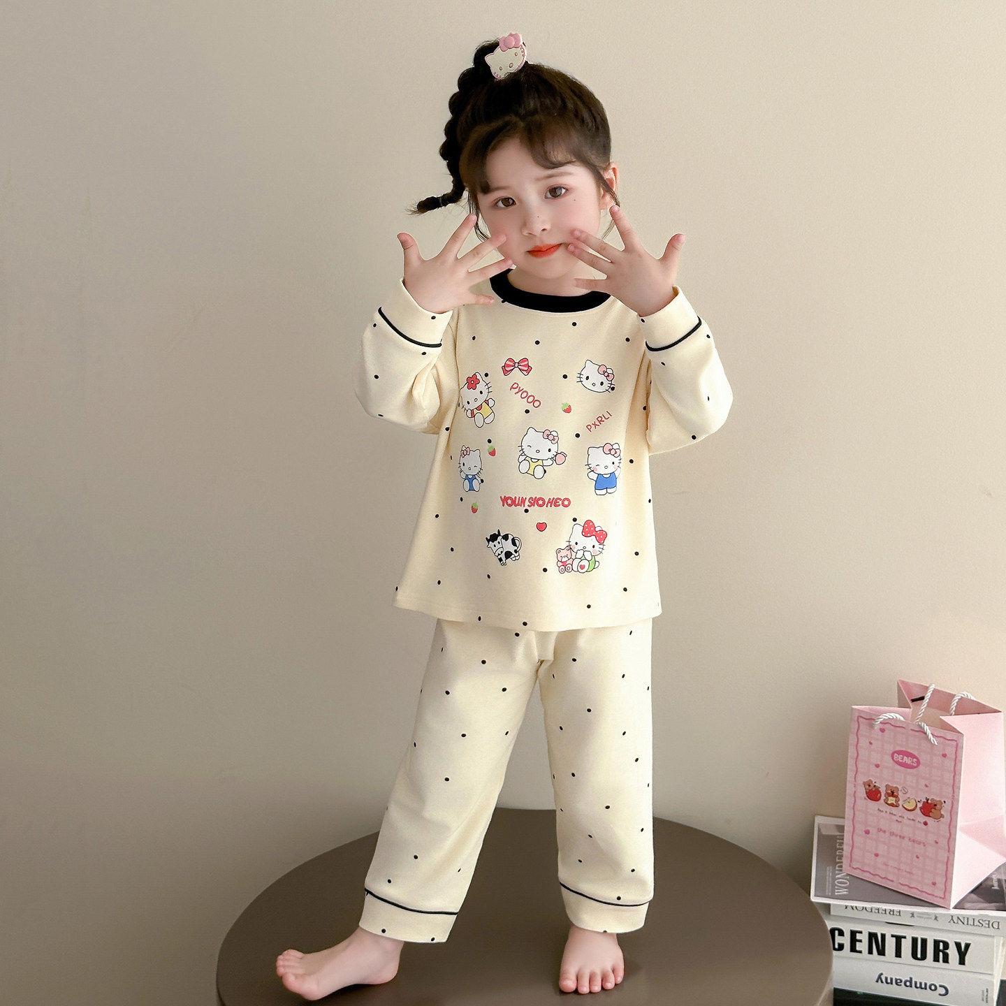 女童睡衣2025新款春秋儿童女宝宝家居服套装纯棉可爱KT猫长袖长裤,淘宝优惠券,粉丝福利购,淘宝优惠卷