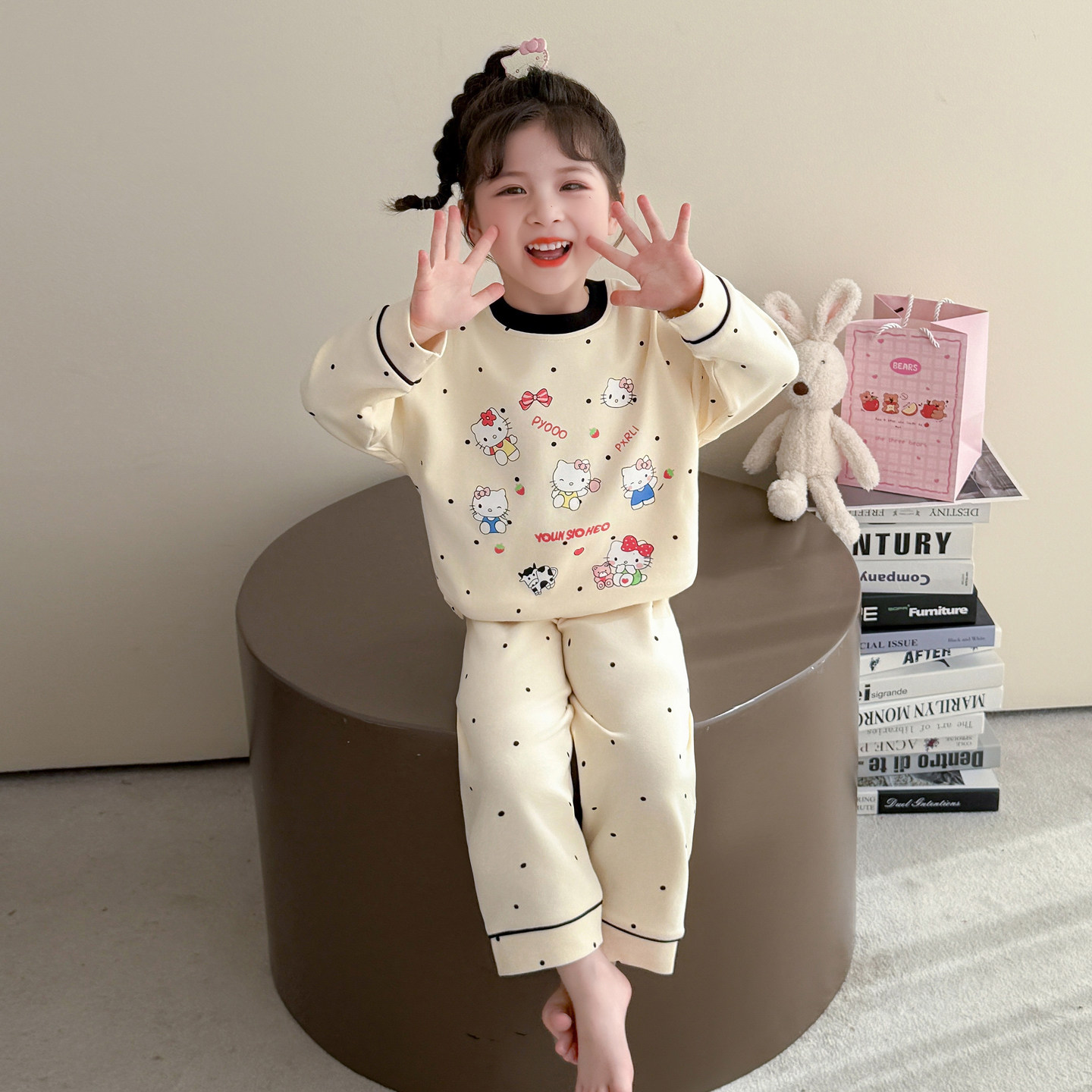 女童睡衣2025新款春秋儿童女宝宝家居服套装纯棉可爱KT猫长袖长裤,淘宝优惠券,粉丝福利购,淘宝优惠卷