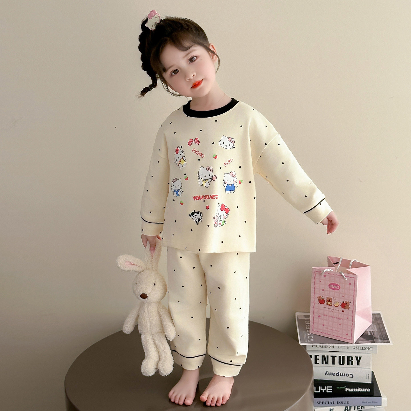 女童睡衣2025新款春秋儿童女宝宝家居服套装纯棉可爱KT猫长袖长裤,淘宝优惠券,粉丝福利购,淘宝优惠卷