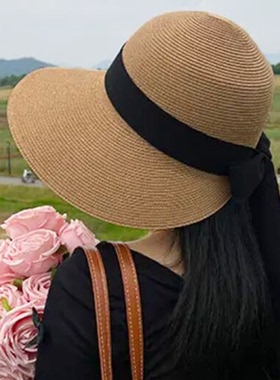 法式丝带蝴蝶结草帽夏季帽子女款草编防晒帽遮阳帽海边沙滩太阳帽