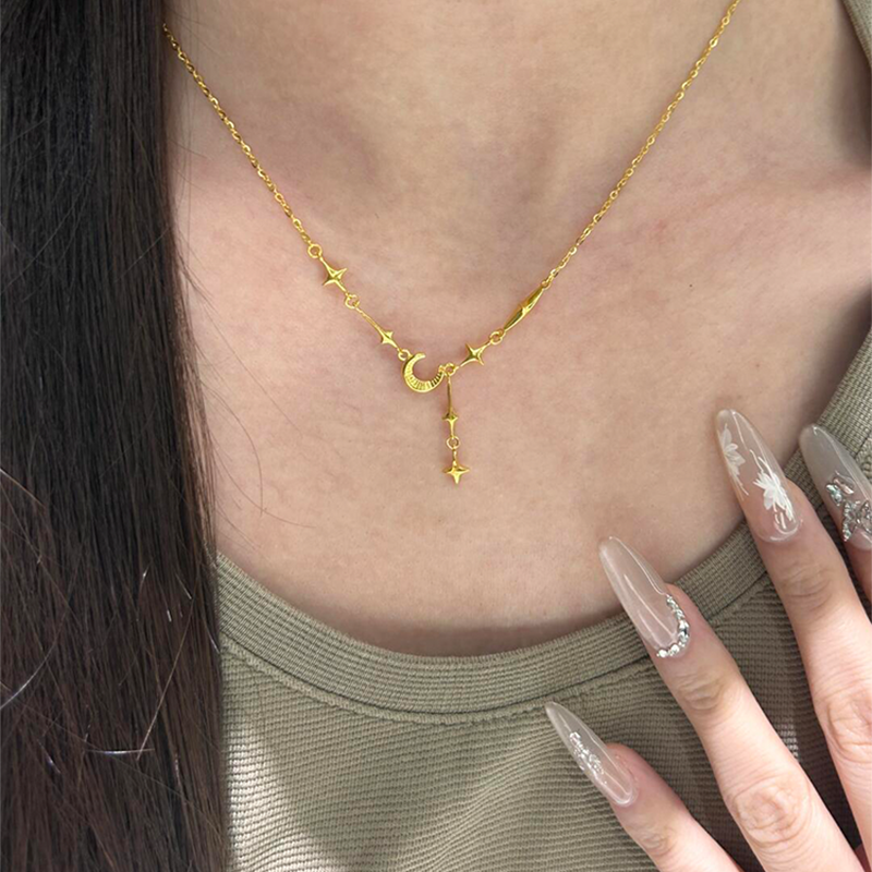 新中式中古金色四芒星月亮流苏项链女款高级感轻奢小众复古锁骨链,淘宝优惠券,粉丝福利购,淘宝优惠卷