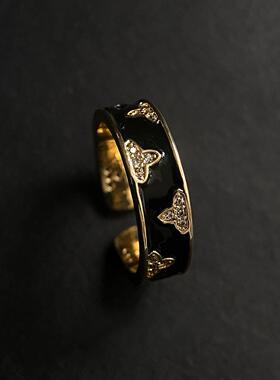 黑金色四叶花戒指复古小众