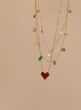 多层爱心吊坠锆石项链女款春夏