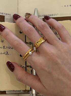 S925纯银中古宽边金色戒指女复古