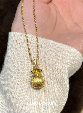 中古金色拉丝闪钻小福袋沙金项链