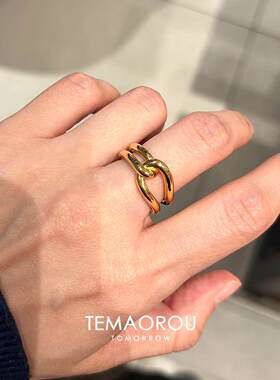 法式简约金色素圈戒指交叉打结环