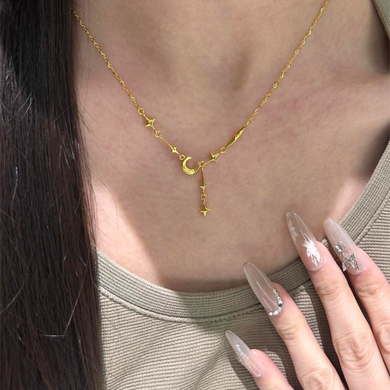 新中式中古金色四芒星月亮流苏项链女款高级感轻奢小众复古锁骨链,淘宝优惠券,粉丝福利购,淘宝优惠卷