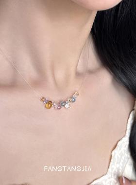 S925纯银天然多彩水晶宝石隐形项链轻奢设计感精致气质百搭锁骨链