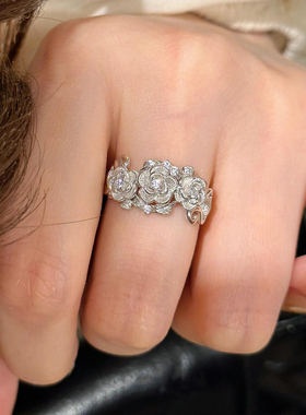 中古拉丝立体玫瑰戒指女小众设计