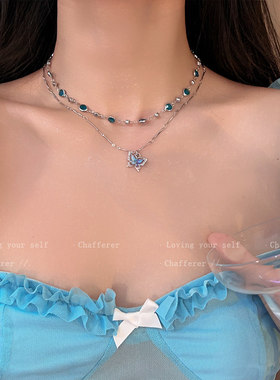 入夏！蓝色蝴蝶双层叠戴项链女夏日清凉高级感锁骨链颈链学生配饰