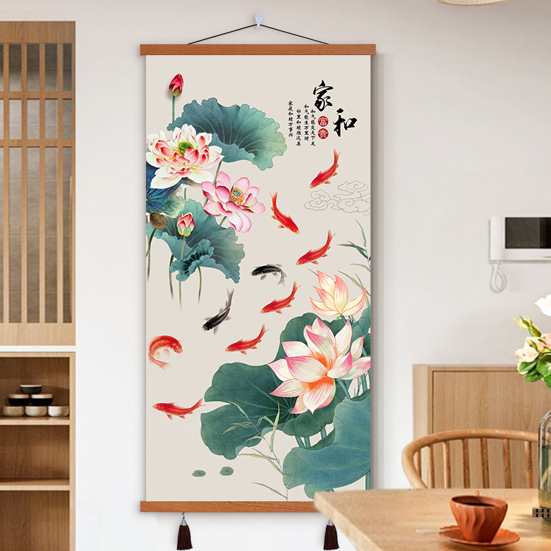 聚财九鱼图荷花挂画新中式进门入户玄关装饰画走廊过道壁画墙画_虎窝淘