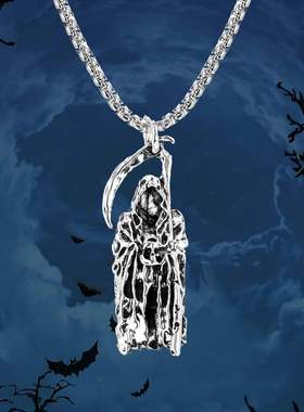 新款暗黑风万圣节骷颅头项链个性朋克风万圣节日死神镰刀项链