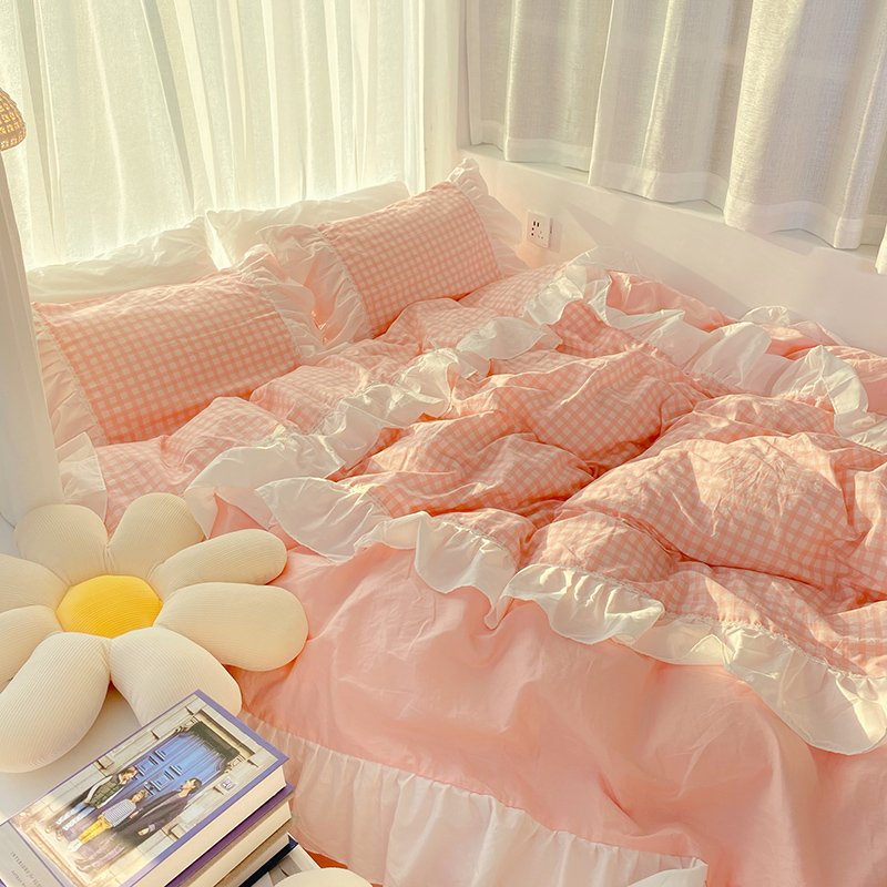 春夏全棉床上用品四件套粉色 超大荷叶边公主风格子图案仙气