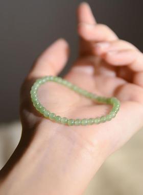 2026天然和田玉手串女超细4mm青玉绿色玉珠手链叠戴素圈森系