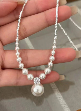 纯银锁骨链s925碎银女施家珍珠
