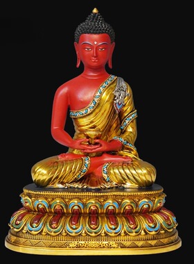 尼泊尔工艺三宝佛释迦牟尼阿弥陀佛药师佛彩绘纯铜手工錾刻铜佛像