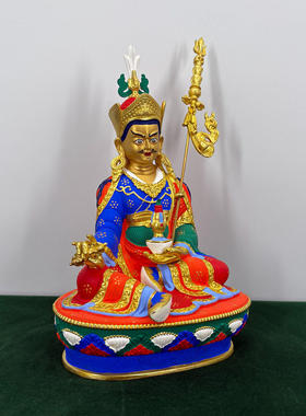 纯黄铜手工彩绘莲花生大士佛像居家供奉莲师桌面佛堂摆件7寸10寸