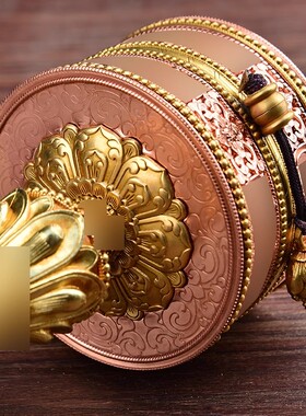新款亚青红铜手摇转金轮西藏复古双层纯铜浮雕古铜转动筒大小摆件